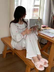 DAZY Women's Long Sleeve Top And Pants Casual Daily Home Sleepwear Set - White - View 5