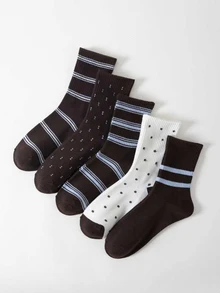 SHEIN 1/5 Women's Mid-Calf Socks In Maillard Color Palette, Polka Dot & Striped Patchwork All-Match Socks, Versatile For Autumn/Winter Daily Commute - Multicolor - View 7