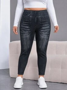 SHEIN CURVE+ بنطلون كاجوال مقاس كبير بجيوب وأزرار وتصميم ممزق بقصة ضيقة للارتداء اليومي، خريف وشتاء 2026 22W - رمادي غامق - مشاهدة 3