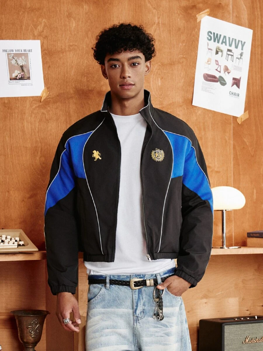 SWAVVY Men's Black & Blue Colorblock College Style Zip-Up Versatile Autumn Jacket - Black - View 1