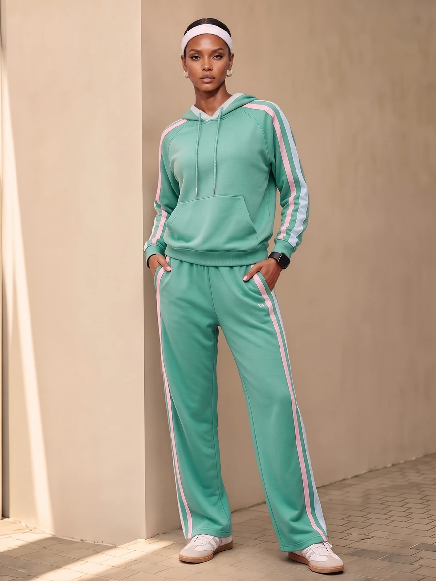 Zivah Women's Colorblock Striped Kangaroo Pocket Drawstring Hoodie With Matching Casual Pants Sports Set - Mint Green - View 1