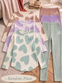 SHEIN 青少年女孩秋冬加厚保暖學生運動風 80年代可愛休閒內搭毛絨羅紋圓領長袖上衣與內搭褲 T-shirt 套裝 - 彩色 - 查看 1