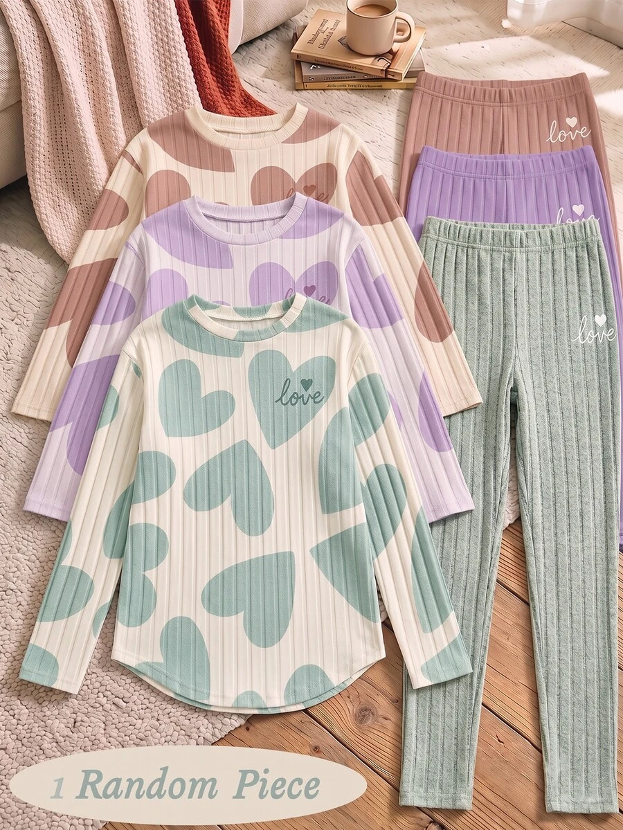 SHEIN 青少年女孩秋冬加厚保暖學生運動風 80年代可愛休閒內搭毛絨羅紋圓領長袖上衣與內搭褲 T-shirt 套裝 - 彩色 - 查看 1