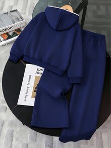 SHEIN 青少年女孩四分之一拉鍊寬鬆衛衣與運動褲套裝，休閒版型，返校季，秋冬，舒適秋季聖誕，可愛休閒日常膠囊衣櫥，Y2K街頭風，灰色 - 藏蓝色 - 查看 2