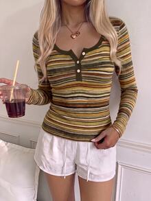 CovetEZ Women's Blended Pink Striped Half-Zip T-Shirt, Spring/Summer Style, Pink Top - Multicolor - View 7
