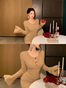 DAZY Women's Solid Color Casual Minimalist Party & Travel Knit Dress - Khaki - View 6