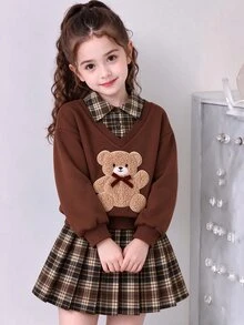 SHEIN 2件組 春/秋返校季 米色棕色格紋大學休閒風 中厚款運動衫布料熊貼布繡運動衫/格紋百褶裙，適合學校、外出、拍照、購物、休閒穿著、日常出行，女童可拆卸百搭少女服裝套裝 - 棕色 - 查看 1