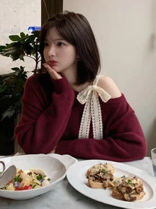 DAZY Sweater Wanita Longgar Warna Blok dengan Patchwork Renda Kasual Elegan Warna Merah - Burgundy - View 3