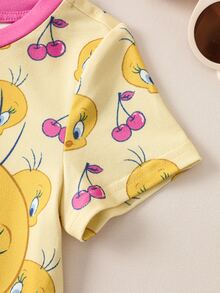 LOONEY TUNES X SHEIN Baby Girls Round Neck Graphic Print Short Sleeve Pajamas - Yellow - View 4