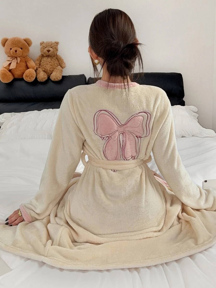 Napfluff Women's Plush Robe With Butterfly Embroidery On Back, Autumn/Winter Loungewear - Beige - View 1