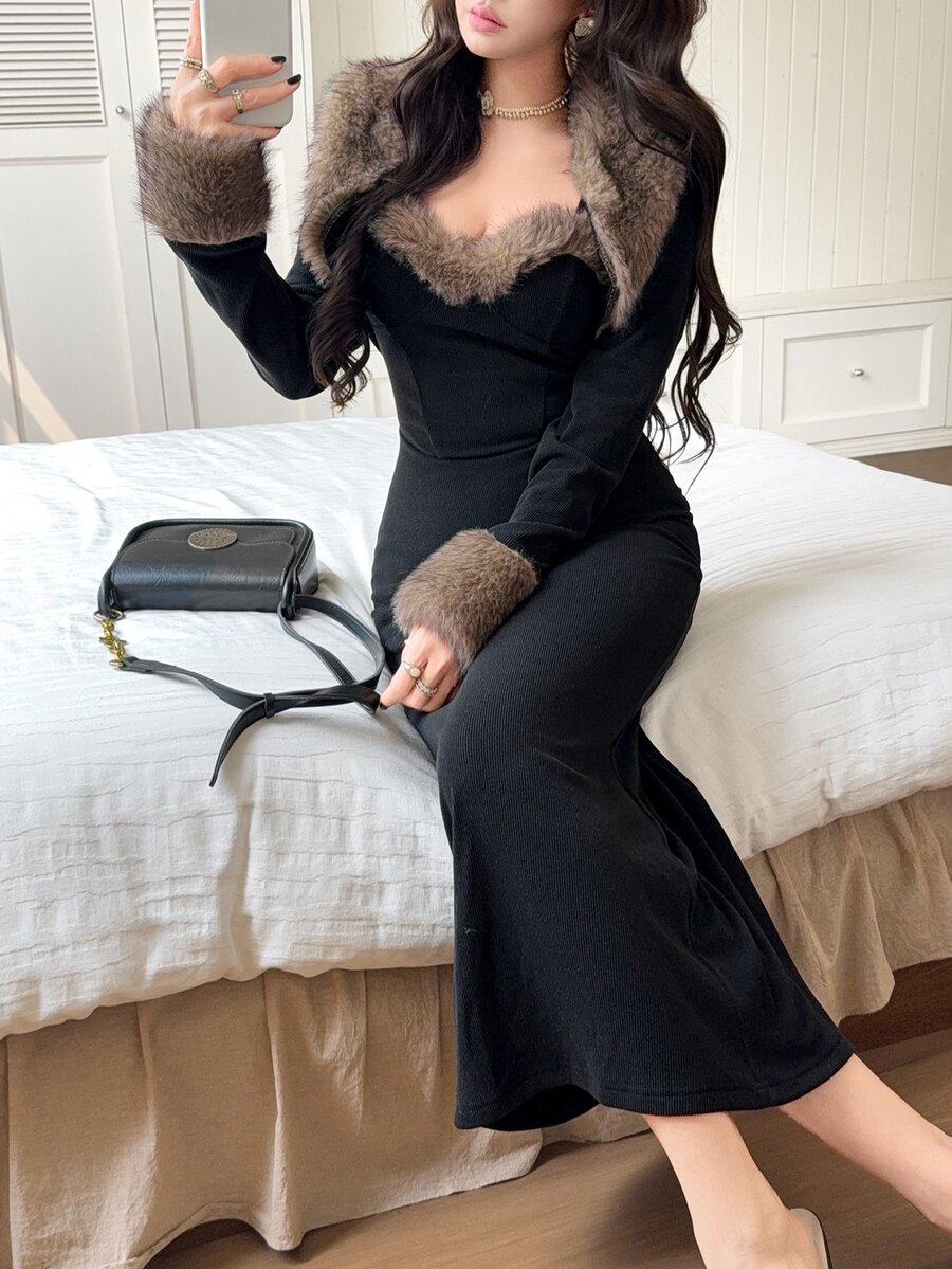 Feyla New Autumn/Winter Slim Fit Elegant Waist-Cinching Bodycon Dress Set With Fluffy Patchwork, Flattering And Warm
