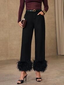 Anewsta Women's Modern Patchwork Plush Straight Leg Cropped Jeans - Black - View 3