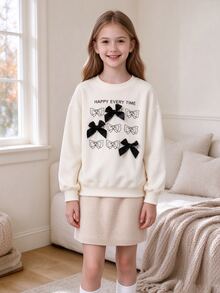Hapijoa Girls' Bowknot Crew Neck Sweatshirt, Loose Fit Top, Versatile Autumn/Winter Style - White - View 1