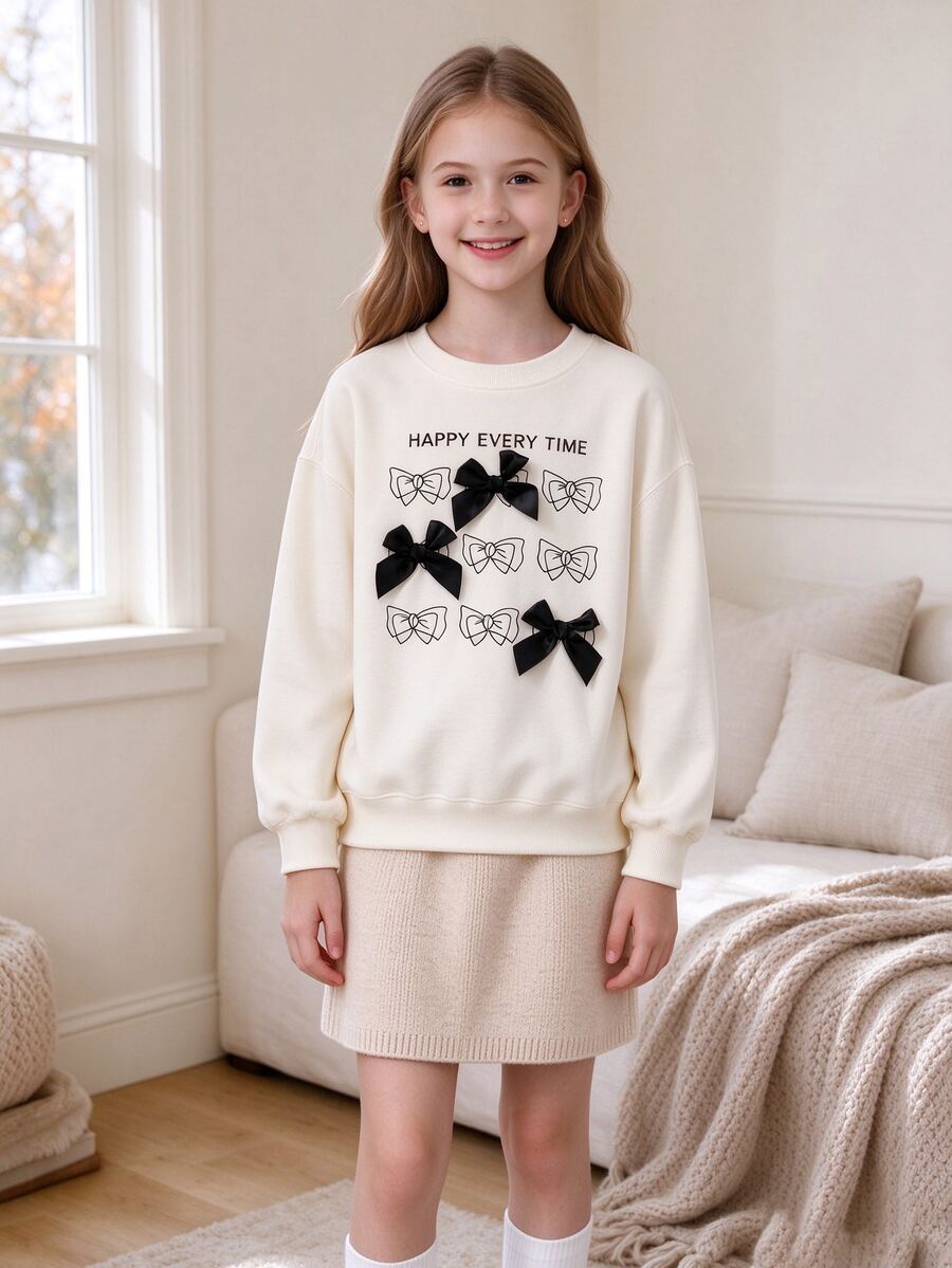 Hapijoa Girls' Bowknot Crew Neck Sweatshirt, Loose Fit Top, Versatile Autumn/Winter Style - White - View 1