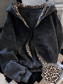 青少年女孩秋冬款黑色雪豹印花雙層設計連帽前開襟運動衫外套，適合日常時尚穿著 - 黑色 - 查看 4