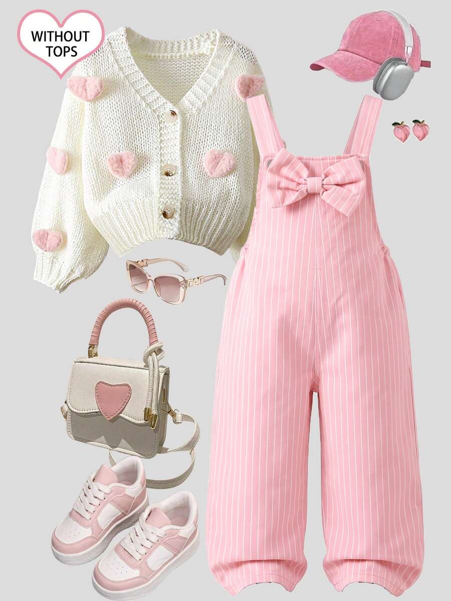 SHEIN 女童牛仔吊帶褲,四季新款,時尚甜美風格,復古牛仔粉色,胸前3D大蝴蝶結設計,白粉對比條紋印花,直筒寬鬆版型,柔軟舒適面料,時尚風格,適合度假、旅行及其他場合,四季新款女童牛仔吊帶褲 - 粉色 - 查看 1