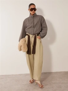 MERLEAU Women's Stand Collar Zip-Up Modern Brown Plaid Drawstring Waist Long Sleeve Jacket - Brown - View 5