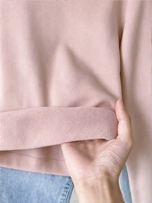 SHEIN 青少年女孩秋冬休閒百搭極簡風抓絨內裡高領修身長袖T恤 灰粉色 百搭校園風 - 粉色 - 查看 4