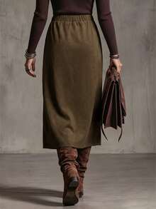 Linhara CURVE Plus Size Lady's Woven Skirt With Slit, Elegant For Autumn, Mid-Length Skirt - Coffee Brown - View 2