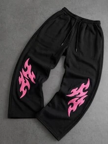 Major Grit 男士萬聖節黑色寬腿運動長褲，粉色毛巾刺繡，腿部粉色賽博刺刺刺繡，鬆緊腰寬鬆長褲，美式街頭嘻哈垂墜休閒褲，街舞日常穿著運動褲 - 黑色 - 查看 3