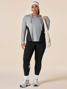 SHEIN Women's Plus Size Colorblock Mesh Hooded Long Sleeve Top + High Waist Athletic Leggings 2 Pieces Workout Set - Multicolor - View 1