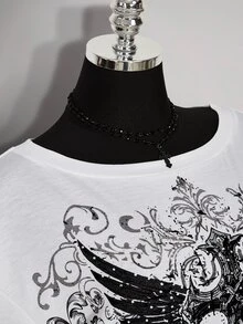 SHEIN ICON 大尺碼女款哥德風 90s Y2K 十字圖案 T恤 辦公穿搭 黑色 夏季 - 白色 - 查看 8