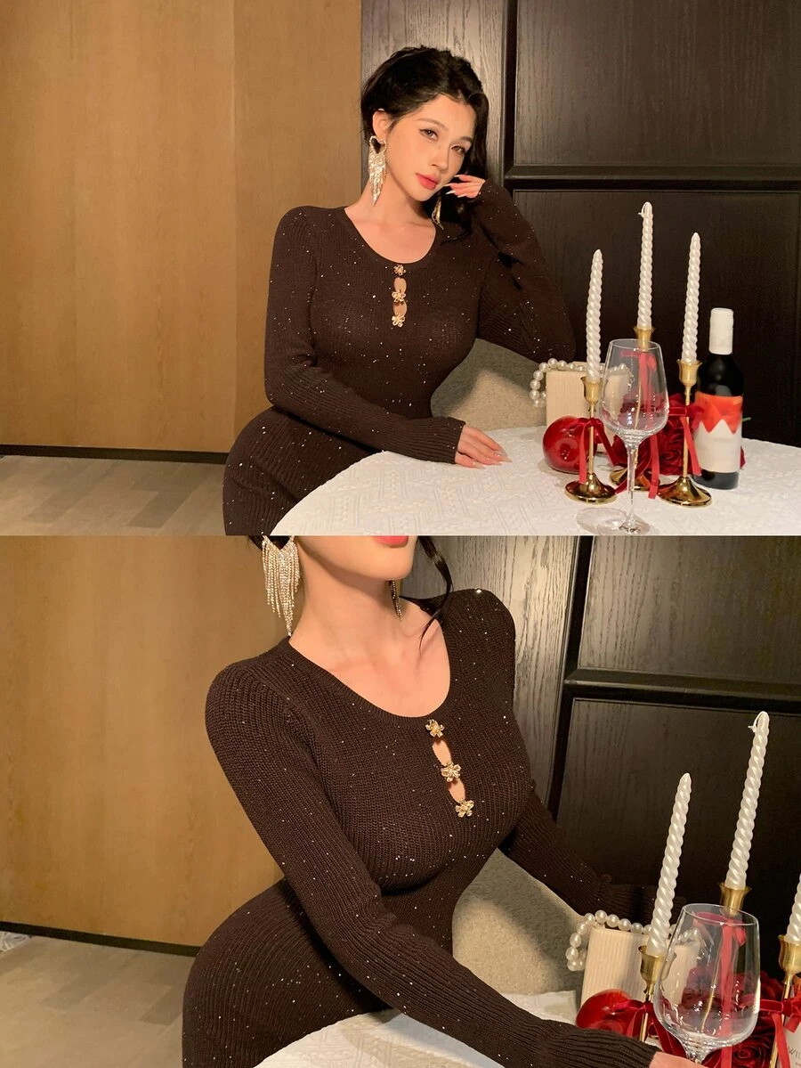 DAZY Women's Solid Color Casual Minimalist Party Knit Dress - Coffee Brown - View 1