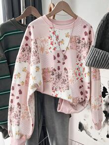 SHEIN LUNE 女款運動衫，優雅花卉牆面拼接圖案，拼接設計，現代度假遊牧休閒時尚，四季百搭女款鄉村音樂會穿搭，西式女裝，遊牧風波希米亞現代都市時尚商務女裝，辦公服飾，低調老錢風，精緻高端通勤機場穿搭 - 白色 - 查看 8