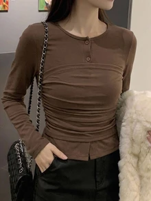 DAZY Women's Round Neck Long Sleeve Casual Base Layer T-Shirt - Brown - View 5