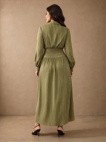 Juhart Đầm dáng chữ A tay dài cổ bẻ kẻ sọc bo eo cho mùa thu/đông size lớn - Màu xanh Ô liu - Xem 2