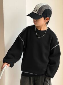 SHEIN 小男孩休閒韓系寬鬆拼接配色黑色圓領衛衣，適合通勤、上學、日常休閒外出、運動，秋冬款 - 黑色 - 查看 6