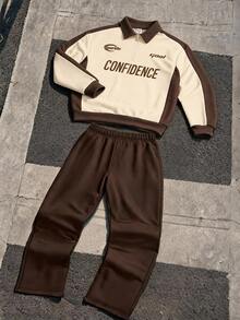 SHEIN Teen Boys Casual Comfortable Versatile Colorblock Polo Collar Sweatshirt & Long Pants Set - Multicolor - View 3