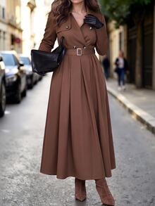 SHEIN LUNE CURVE Women's Plus Size Solid Color Lapel Design Belt Waist Cinched Casual Elegant Versatile Daily Elegant Commute Long Dress - Brown - View 4