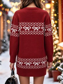 Balvessa Christmas Atmosphere Jacquard Round Neck Bow Loose Red Knit Dress - Red - View 4
