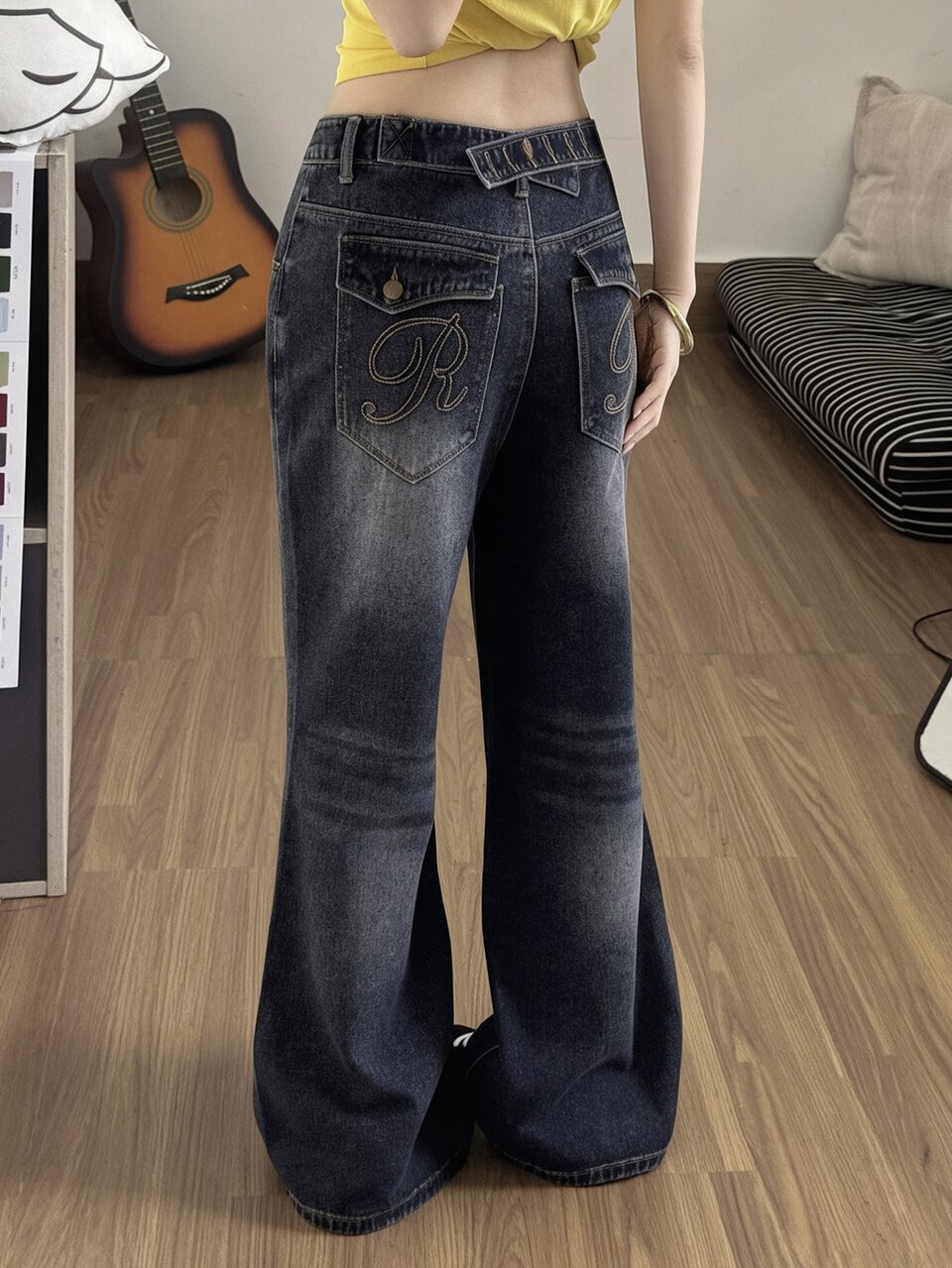 Women's Dark Blue Washed Distressed Low Waist Letter Embroidered Pocket Slim Fit Flare Leg Vintage Denim Jeans