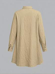 SHEIN LUNE Plus Size Plain Button Front Long Sleeve Pocket Casual Blouse, Everyday Wear Women Shirt Fall - Khaki - View 2