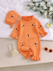 SHEIN Vintaside Kids 女嬰針織毛衣連身褲附帽子，長袖、荷葉邊飾與手工刺繡蜜蜂，柔軟可愛，適合秋冬日常穿著 - 亮橙色 - 查看 1