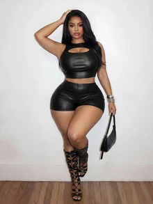 SHEIN CURVE+ Plus Size Sheer Lace Patchwork PU Black Ultra Short Shorts, Holiday Party, Christmas - Black - View 7