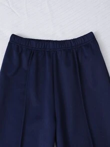 SHEIN 青少年女孩 2件組條紋抓絨半拉鍊運動衫與寬腿長褲運動套裝，拼色印花運動服，秋冬返校穿搭 - 藍色 - 查看 6