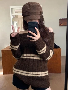 DAZY 女款方領條紋寬鬆休閒毛衣 秋季 - 棕色 - 查看 2