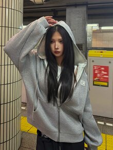 FRIFUL Women's Korean Style Denim Zipper Sweatshirt Sweatshirt - Grey - View 6