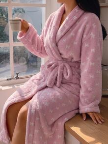 Dazy Plus Thermal Lined Thick Coral Fleece Tie-Front Loungewear Robe, Autumn/Winter New Pink - Pink - View 3