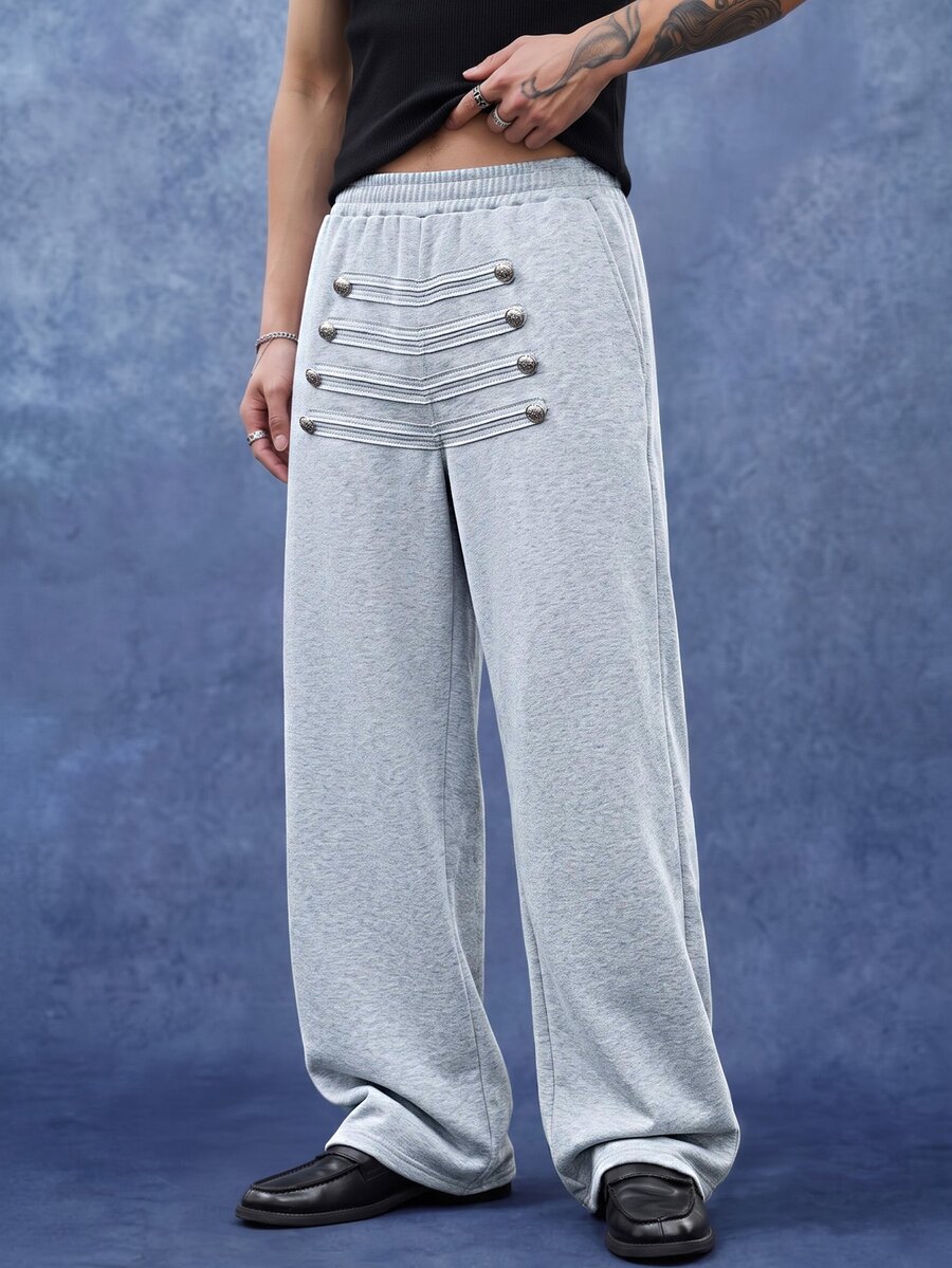 PAVTROS Men's Casual Commute Loose Fit Button Decor Wide Leg Sweatpants - Grey - View 1