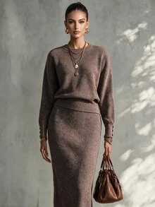 Trelyra Lazy Slimming High-End Grey-Brown Crew Neck Pullover Sweater + Elastic Waist Back Slit Skirt 2 Pieces Set - Coffee Brown - View 4