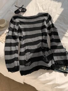 SHEIN EZwear 條紋破洞設計針織毛衣，長袖上衣，秋冬款 - 黑色 - 查看 5