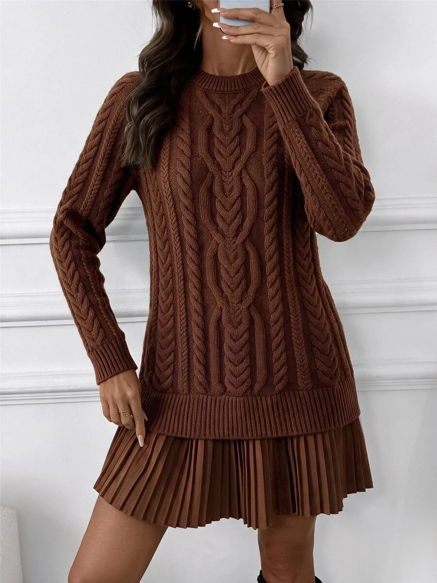 SHEIN Clasi Women's Solid Color Casual Daily Knit Dress - Brown - View 1