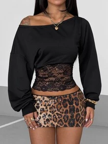 SHEIN PETITE Áo nỉ nữ tay dài phối ren patchwork vai bất đối xứng - màu đen - Xem 6