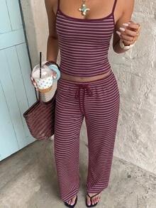 Aloruh Women's Striped Colorblock Camisole Top And Drawstring Waist Long Pants Set - Burgundy - View 4