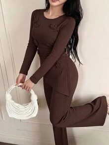 Feyla Plus Size Women Solid Color 2 Pieces Set Round Neck Floral Decor Slim Fit Suitable For Night Out, Holiday, Home, Daily, Birthday Party, Date - Coffee Brown - View 9