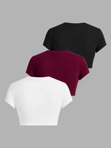 SHEIN EZwear 3件組女款休閒純色圓領短袖短版T恤 - 彩色 - 查看 2